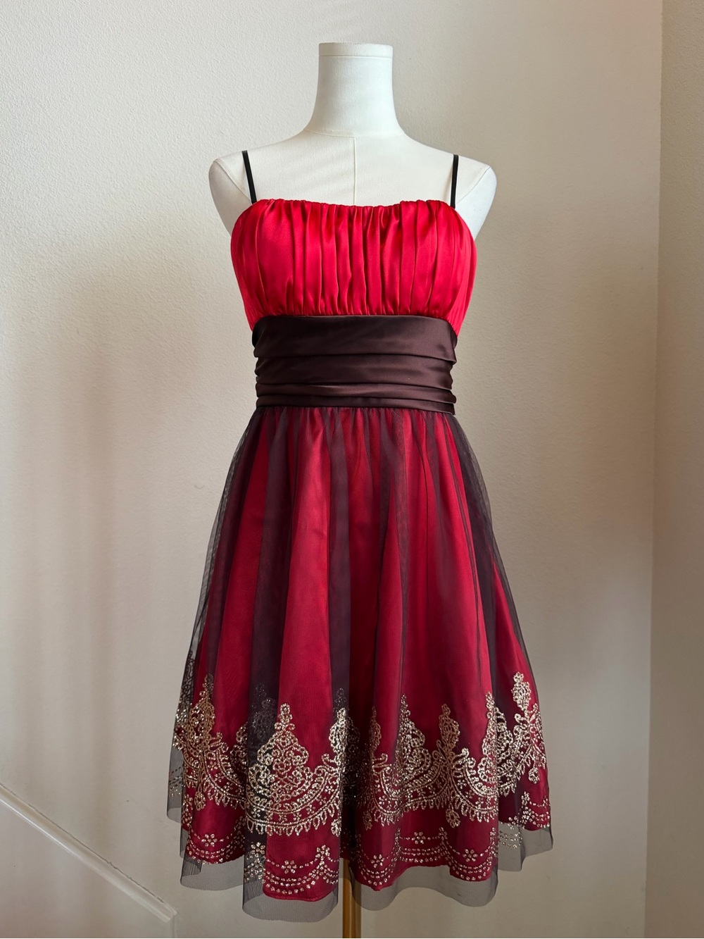 Blondie Nites Red and Brown Embroidered Tulle Mini Satin Dress